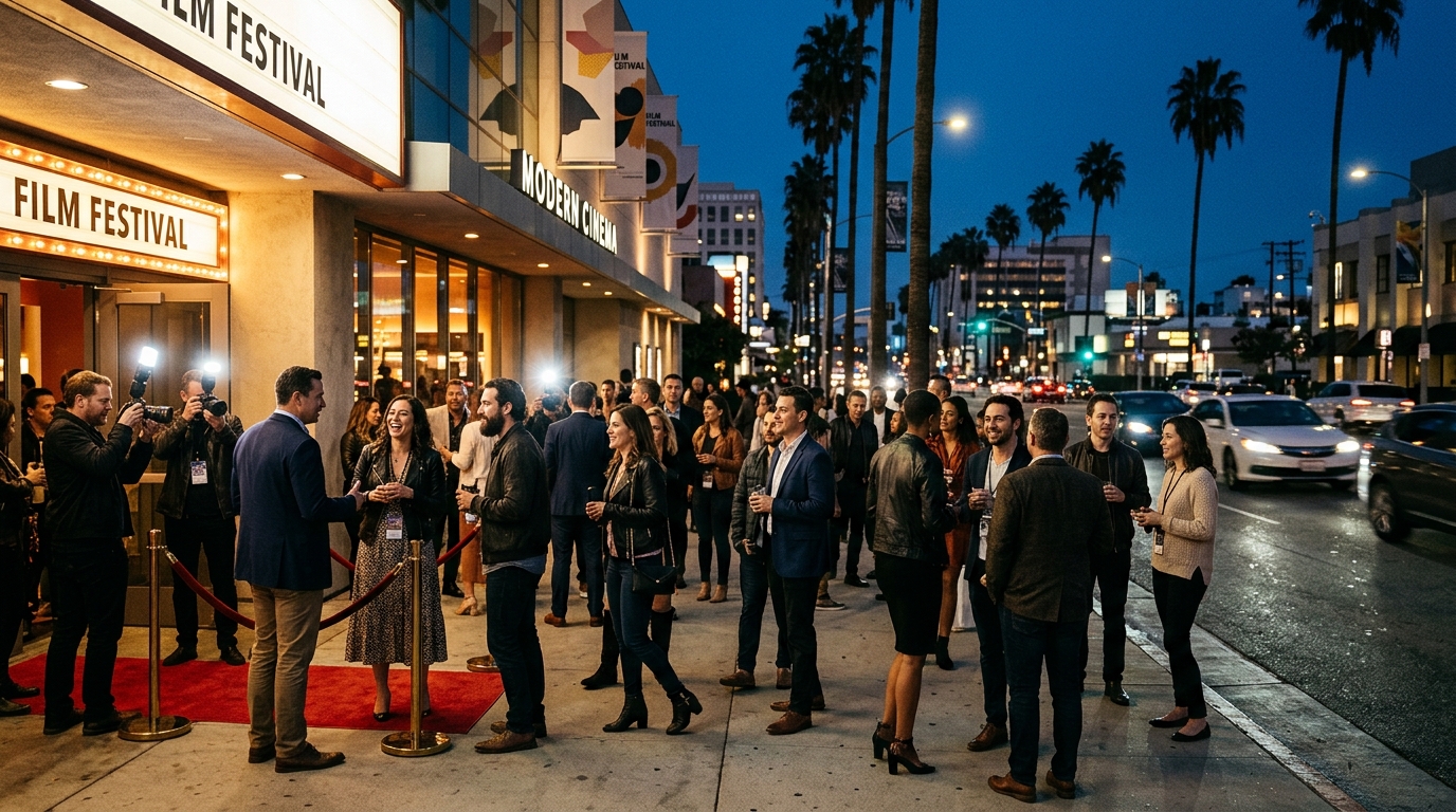 Film festival attendees outside a Downtown Burbank cinema