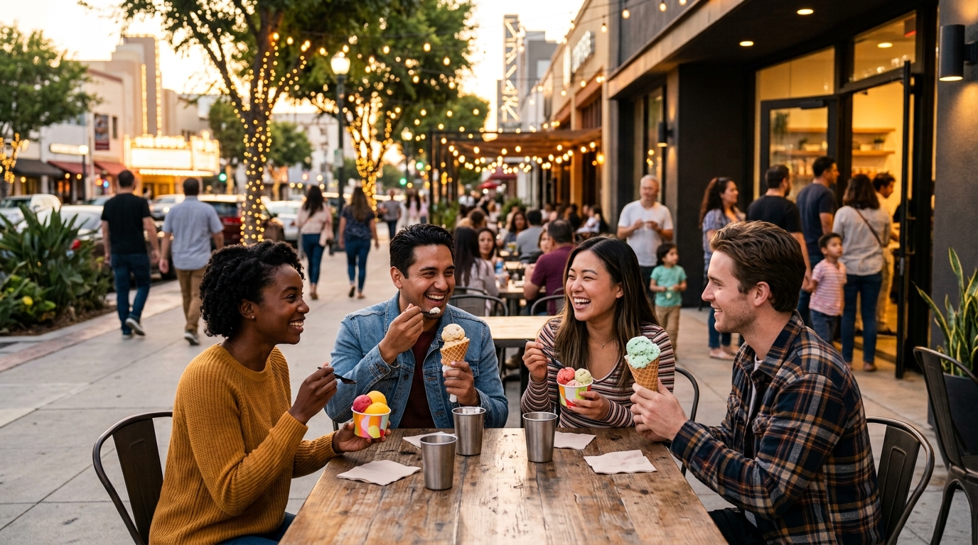 Friends enjoying ice cream during an evening in Downtown Burbank