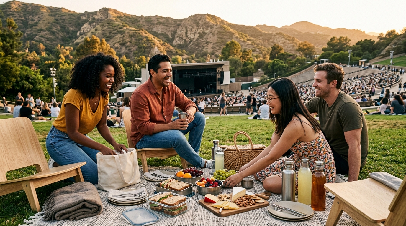 Friends preparing a picnic before a Starlight Bowl concert