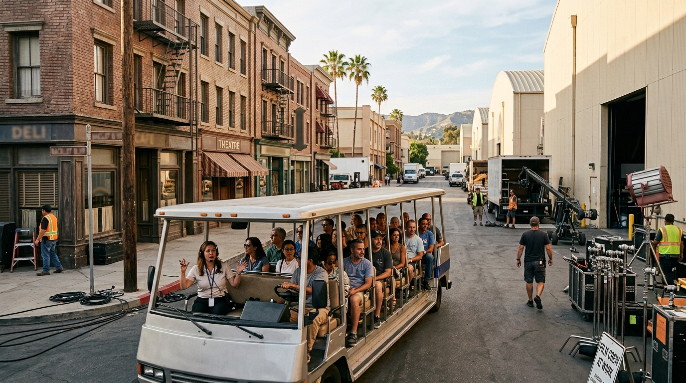 Guided tour traveling through a Burbank studio backlot