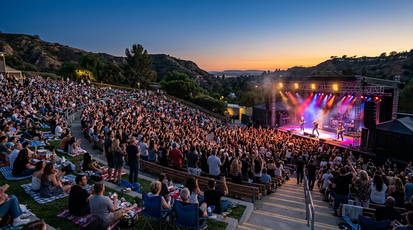 Live tribute band performing at a Burbank hillside amphitheater