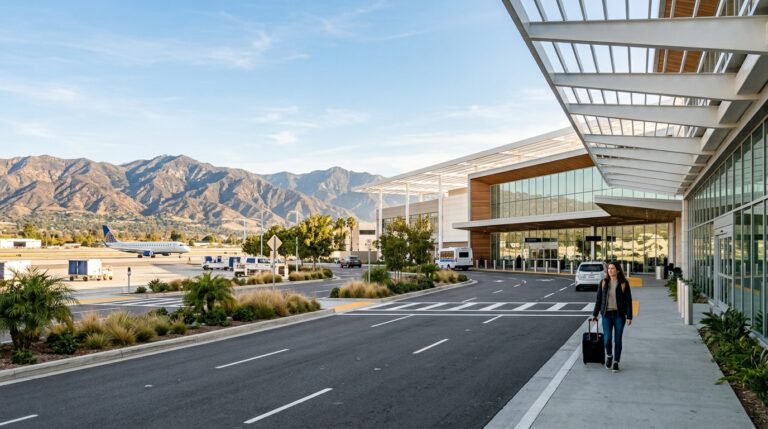 Traveler outside a modern Hollywood Burbank Airport terminal