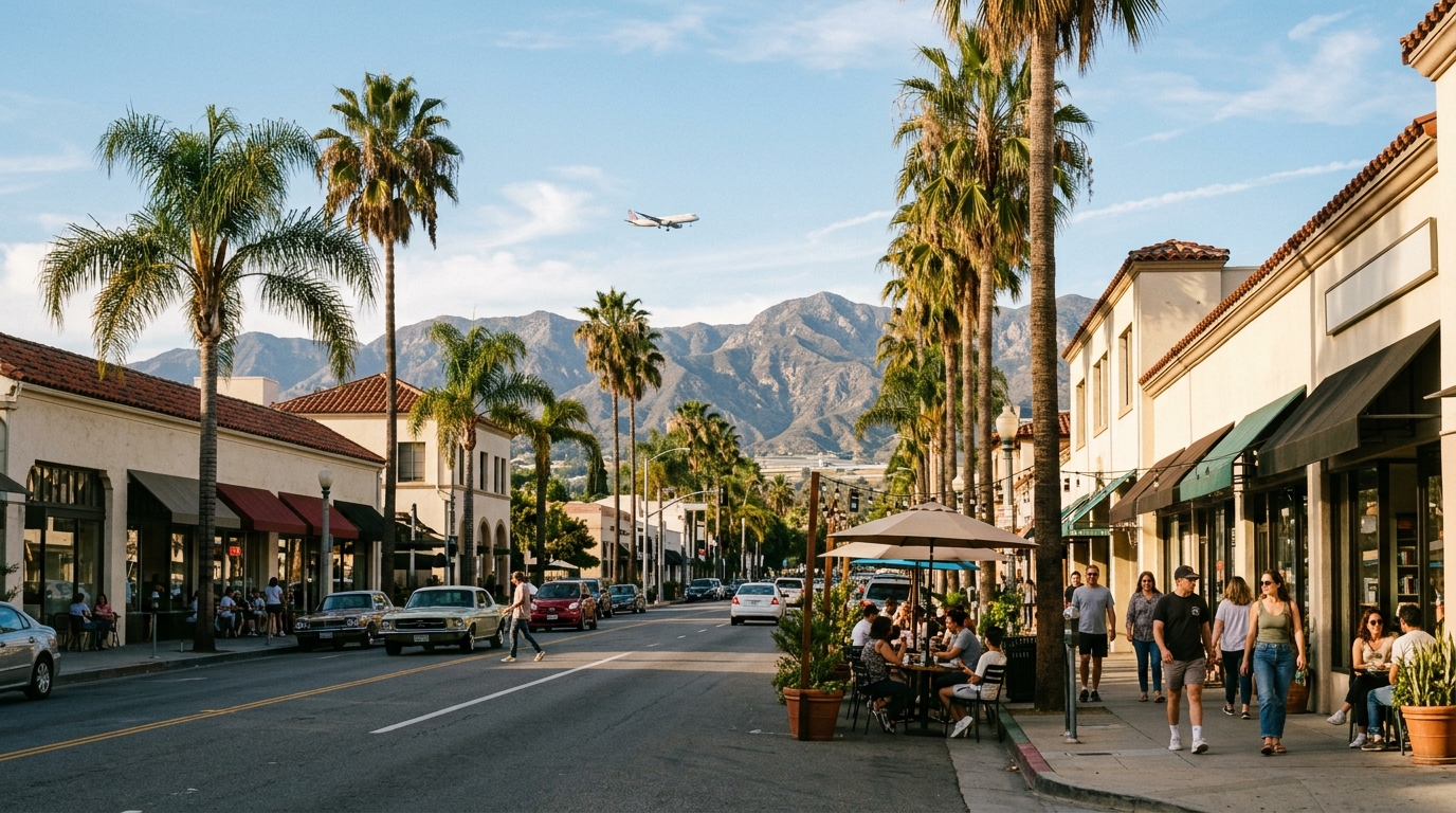 Travelers exploring a Burbank neighborhood near the airport