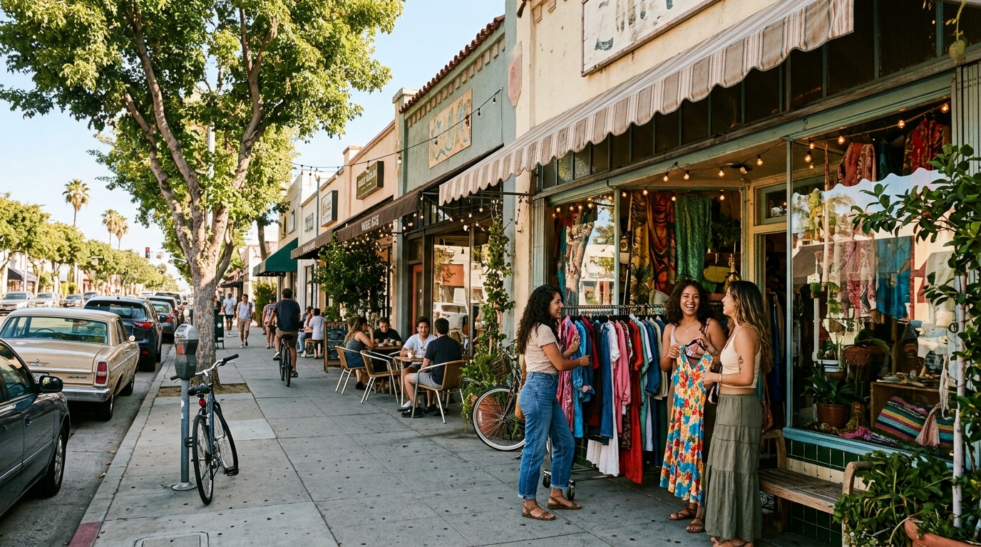 Visitors browsing vintage shops in Magnolia Park Burbank