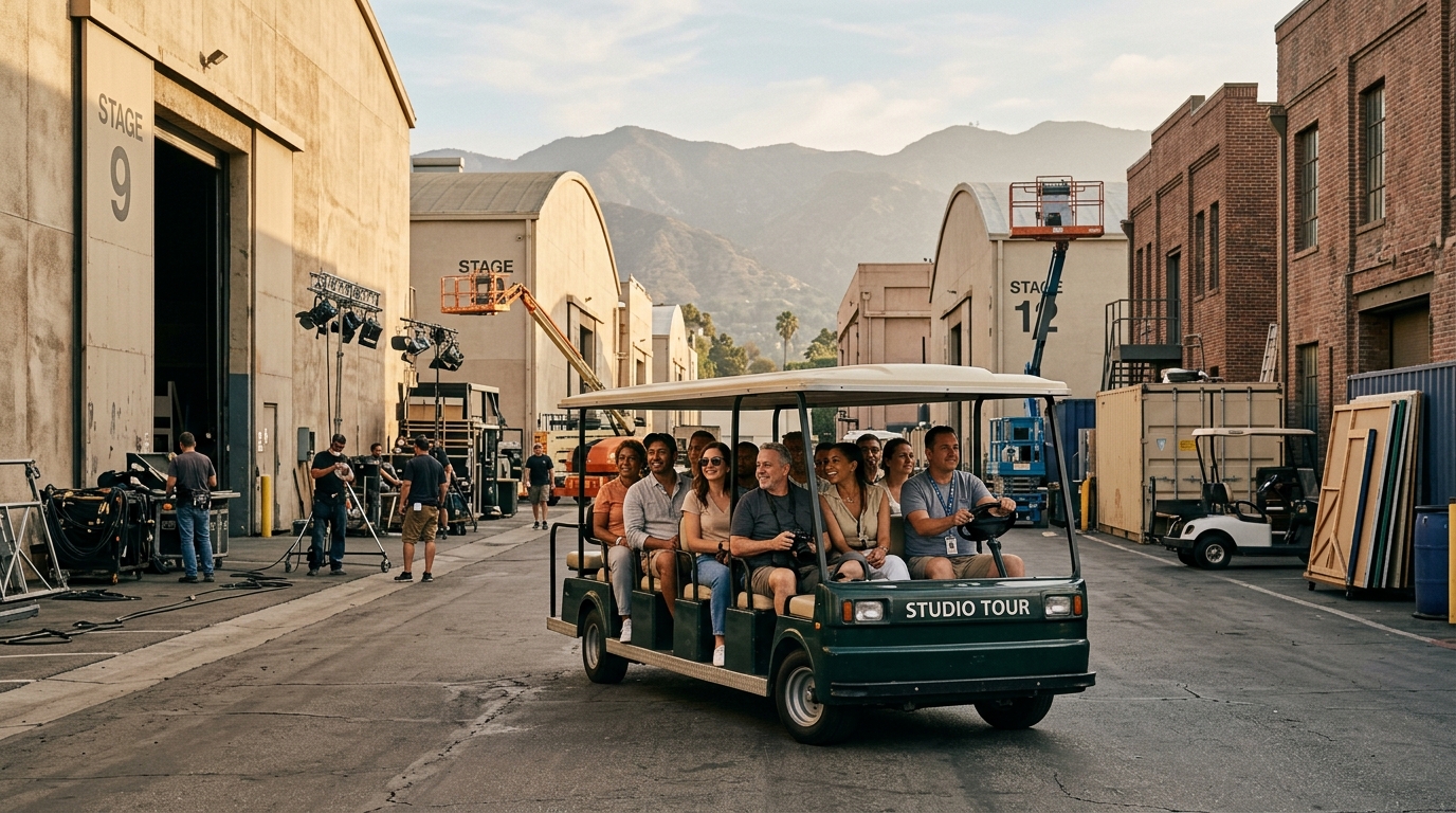 Visitors exploring a working film studio backlot in Burbank