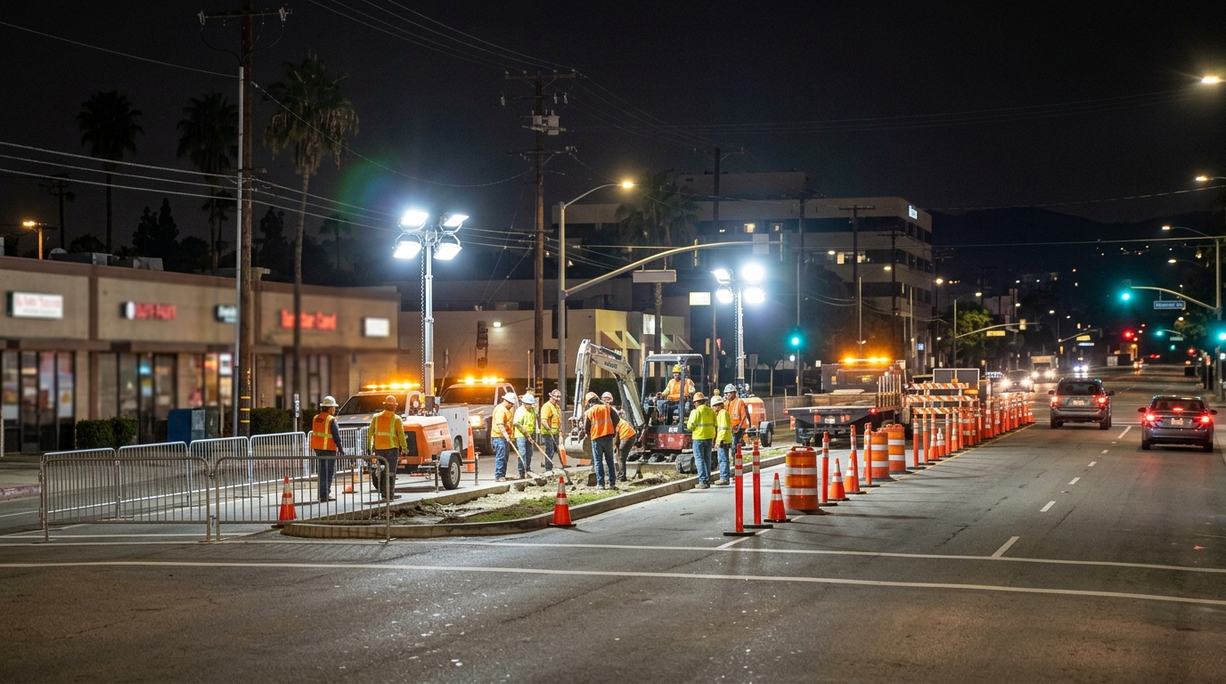 Burbank BRT construction 2026 with lane reductions near Olive Avenue and Hollywood Way