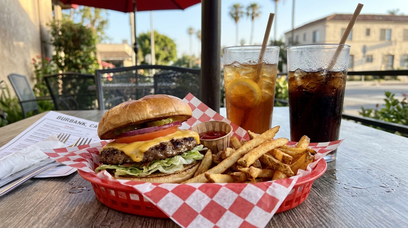 Burger and iced drinks served at a Burbank restaurant