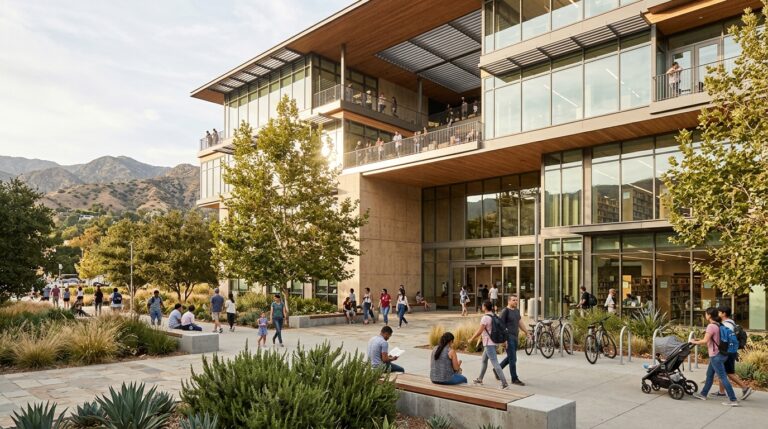 Conceptual new Burbank Library and Civic Center with public plaza and modern community facilities