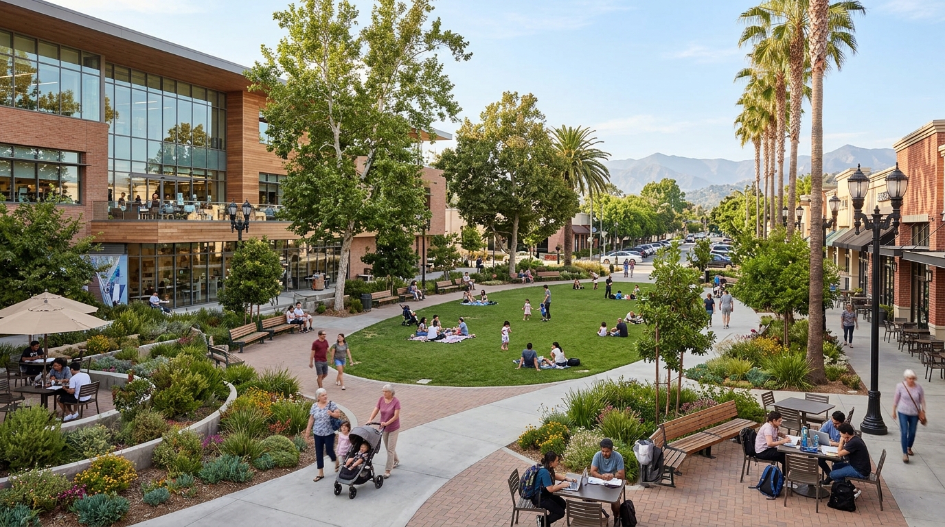 Conceptual outdoor public plaza and event lawn for the proposed Burbank Library and Civic Center