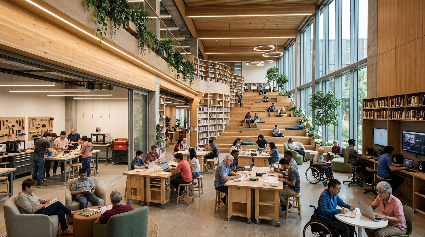Illustrative library makerspace and creative learning area planned for Burbank's new civic center