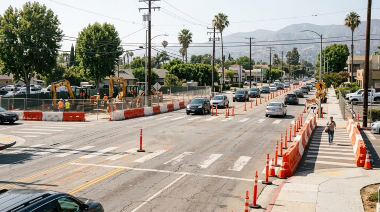 Lane reductions during BRT construction near Buena Vista Street and Alameda Avenue in Burbank